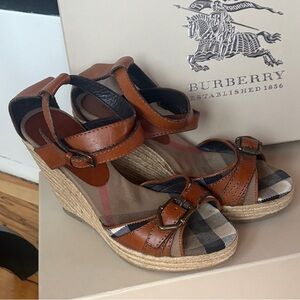 Burberry Tan and Black Plaid Wedge Sandals